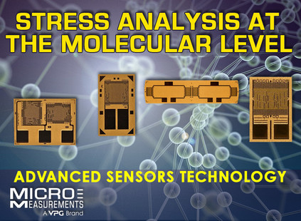four gages on abstract background, text STRESS ANALYSIS AT THE MOLECULAR LEVEL, text Advanced Sensors Technology, Micro-Measurement logo