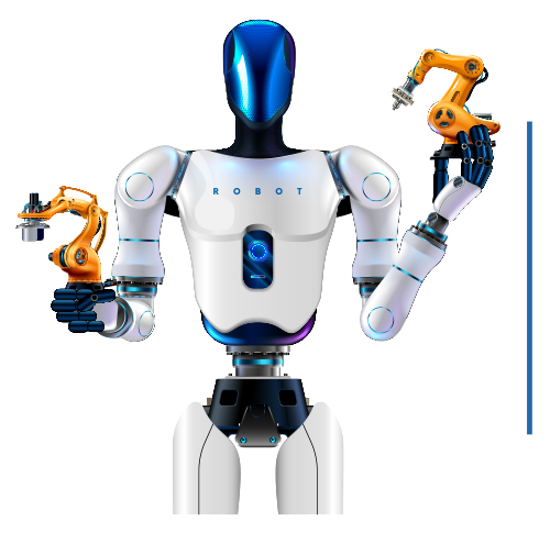 Humanoid Robot holding manufacturing robot arms